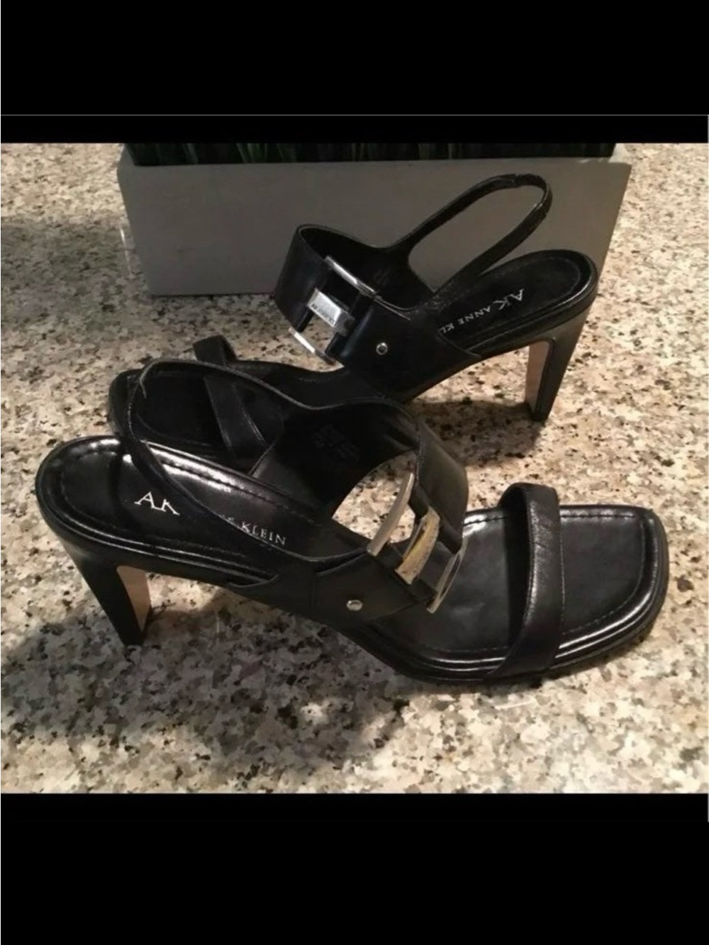 Anne Klein Black Leather Sling back Open Toe Sandal Heel 7.5